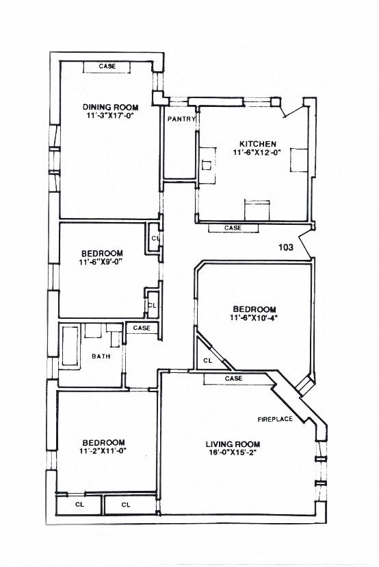 Floor plan for 3 beds, 1 bath, 1230 sqft